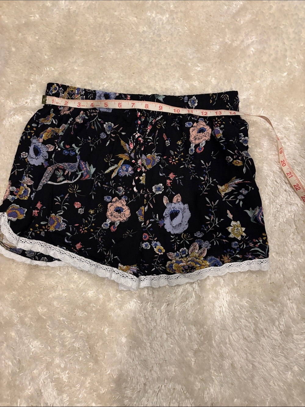 Floral Lace Trim Black Lounge Shorts